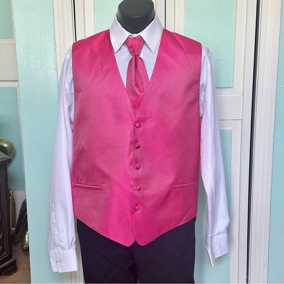 Fuchsia Hot Pink Herringbone Satin Closed Back Vest Wedding Prom Men’s XL Tie